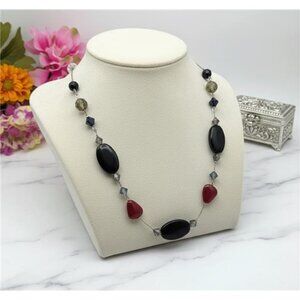Silver Tone Station Necklace Red Black Clear Glass Beads Opera Flapper 60 In